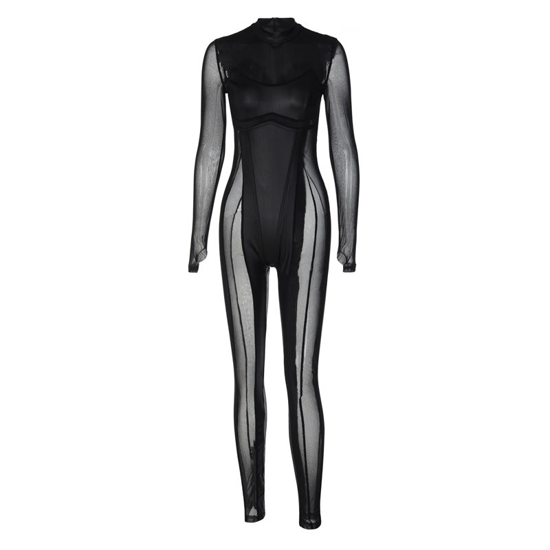 Dame gulvlangt, gennemsigtigt jumpsuit med smalle indlæg og elegant krave Stilla