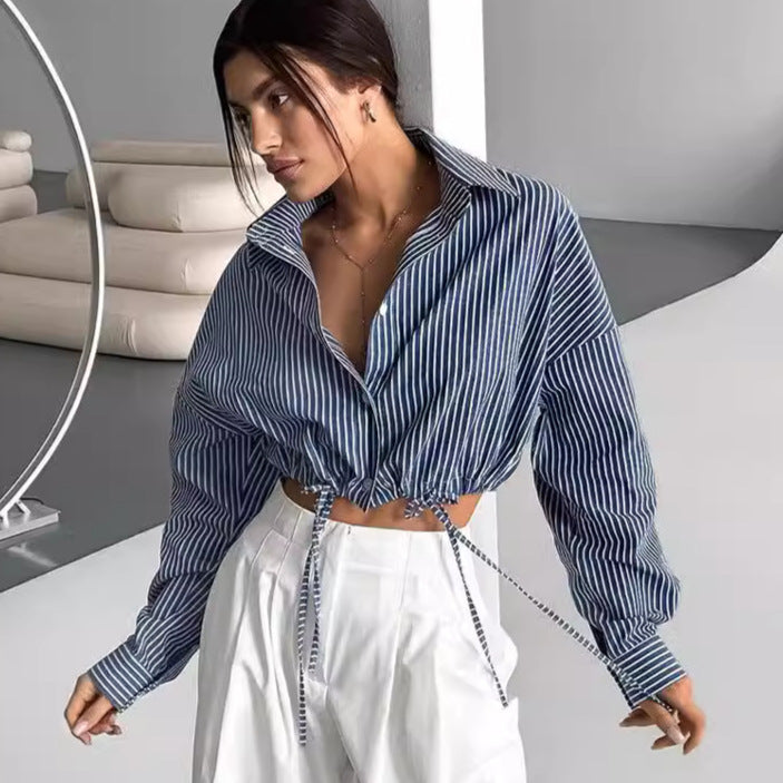 Dame Cropped Skjorte med Striber og Bindebånd Stilla