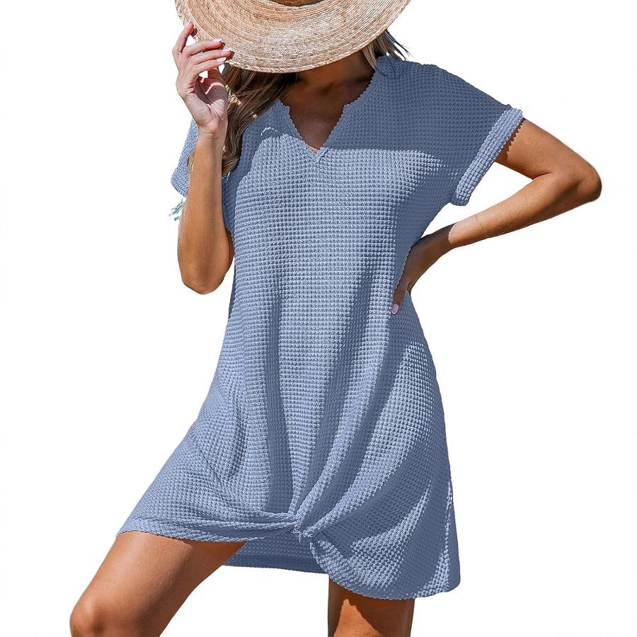 Dame afslappet kort skjortekjole med V-udskæring og ribstruktur Stiila