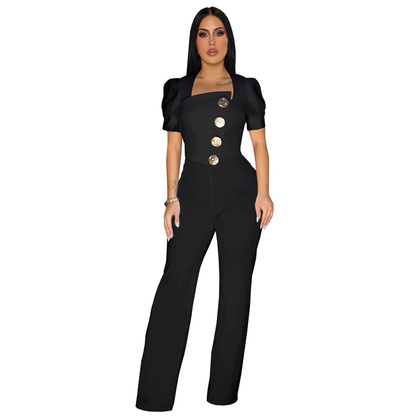 Dame Elegant Jumpsuit med smagfulde knapdetaljer og puffærmer Stilla
