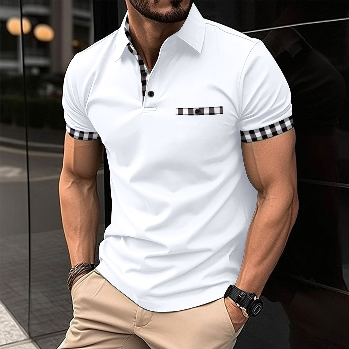 Herrer Poloshirt med stilfulde ternede detaljer og innovativ krave Stilla