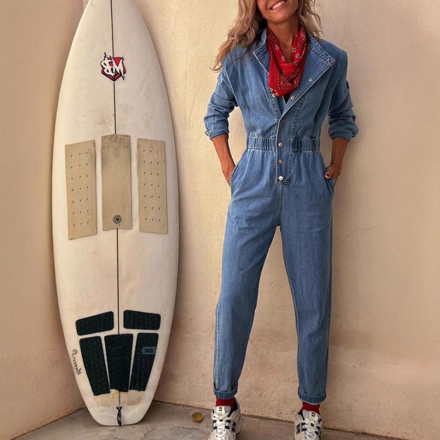 Dame Denim Jumpsuit med figursyede detaljer og praktiske lommer Stilla