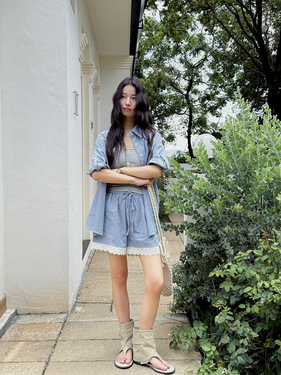 Dame afslappet kortærmet skjorte og shorts sæt med spidse accenter Stilla