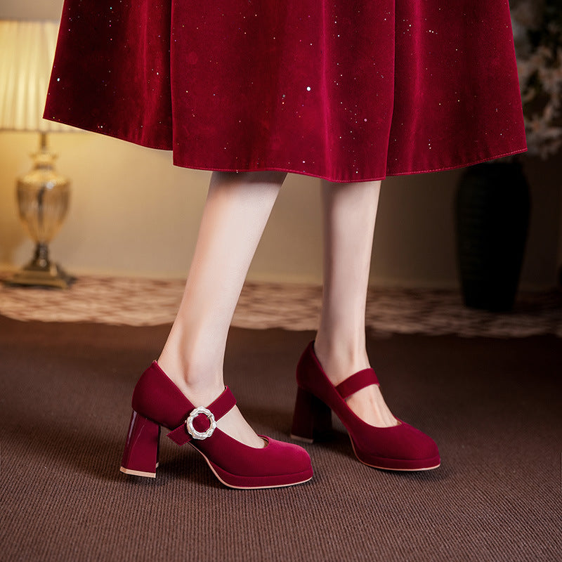 Dame Elegant Blokhæl Mary Jane Pumps med Dekorativ Perlelukning Stilla