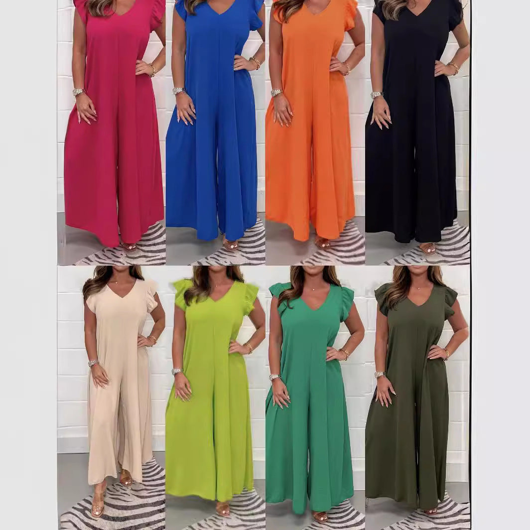 Dame Elegant bred Jumpsuit med V-hals og korte ærmer Stilla