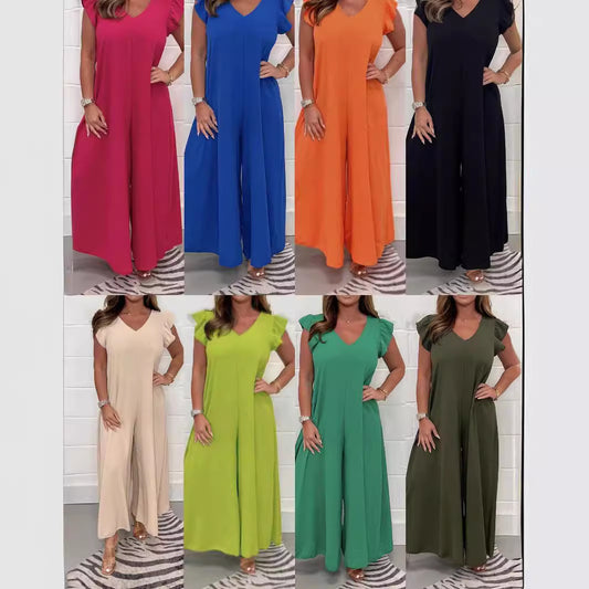 Dame Elegant bred Jumpsuit med V-hals og korte ærmer Stilla