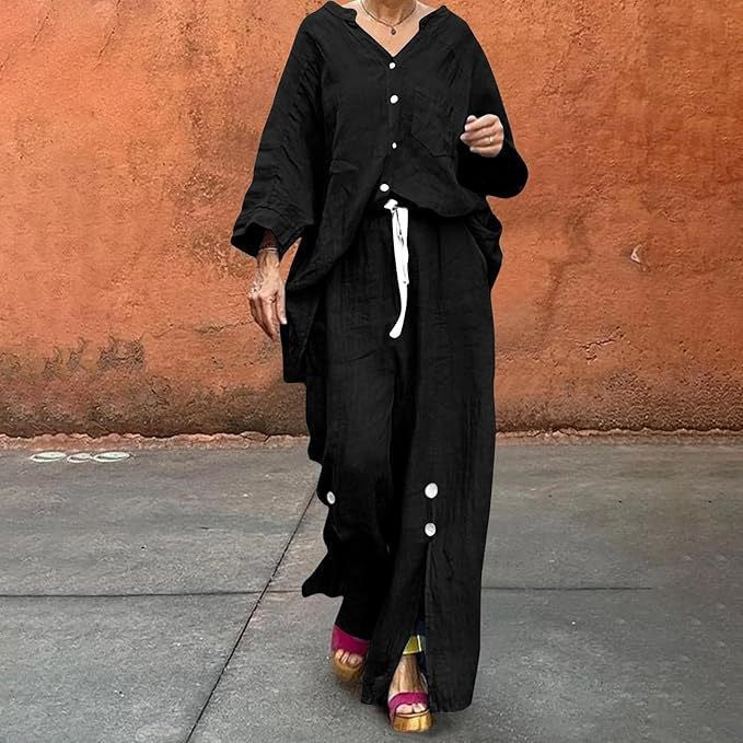 Dame afslappet linned sæt med knaplukning og løs pasform Stilla