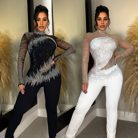 Dame Glamourøs Bodycon Jumpsuit med gennemsigtigt overdel og glitrende strassdekorationer Stilla