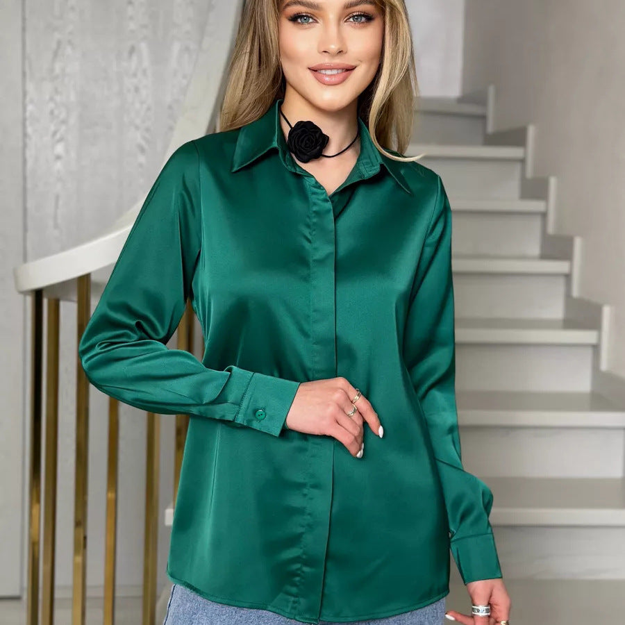 Dame elegant bluse med silkeagtigt finish og klassiske detaljer Stilla