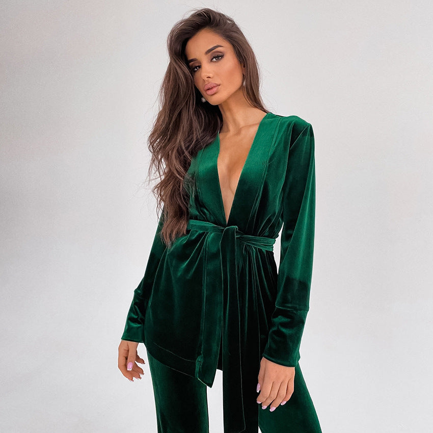 Dame elegant fløjls Jumpsuit-sæt med knælangt snit og taljeringabel bælte Stilla