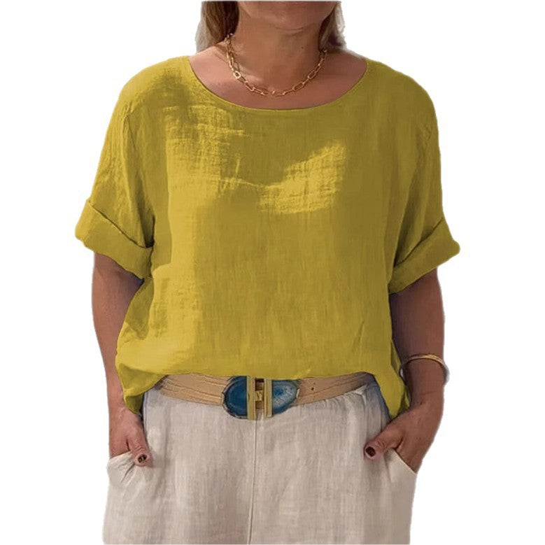 Dame afslappet linnedbluse med oppadgående ærmer og bred pasform Stilla