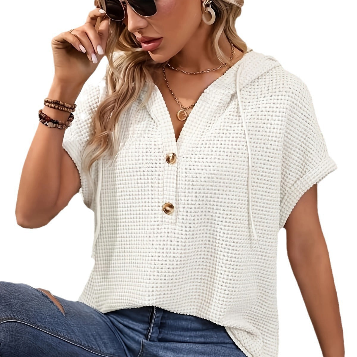 Dame afslappet kortærmet skjorte med knaplukning og hætte Stilla