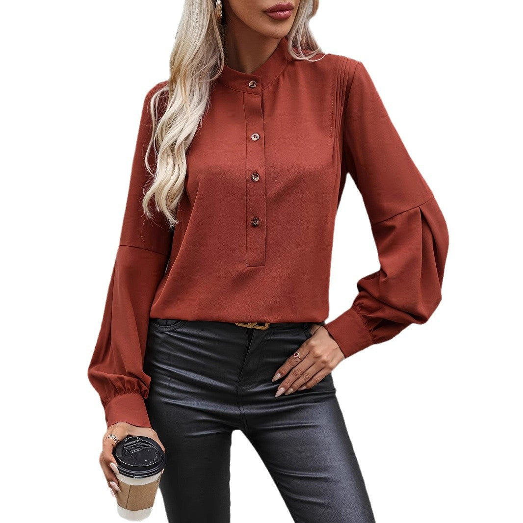 Dame elegant Bluse med højhalset krave og pufærmer Stilla
