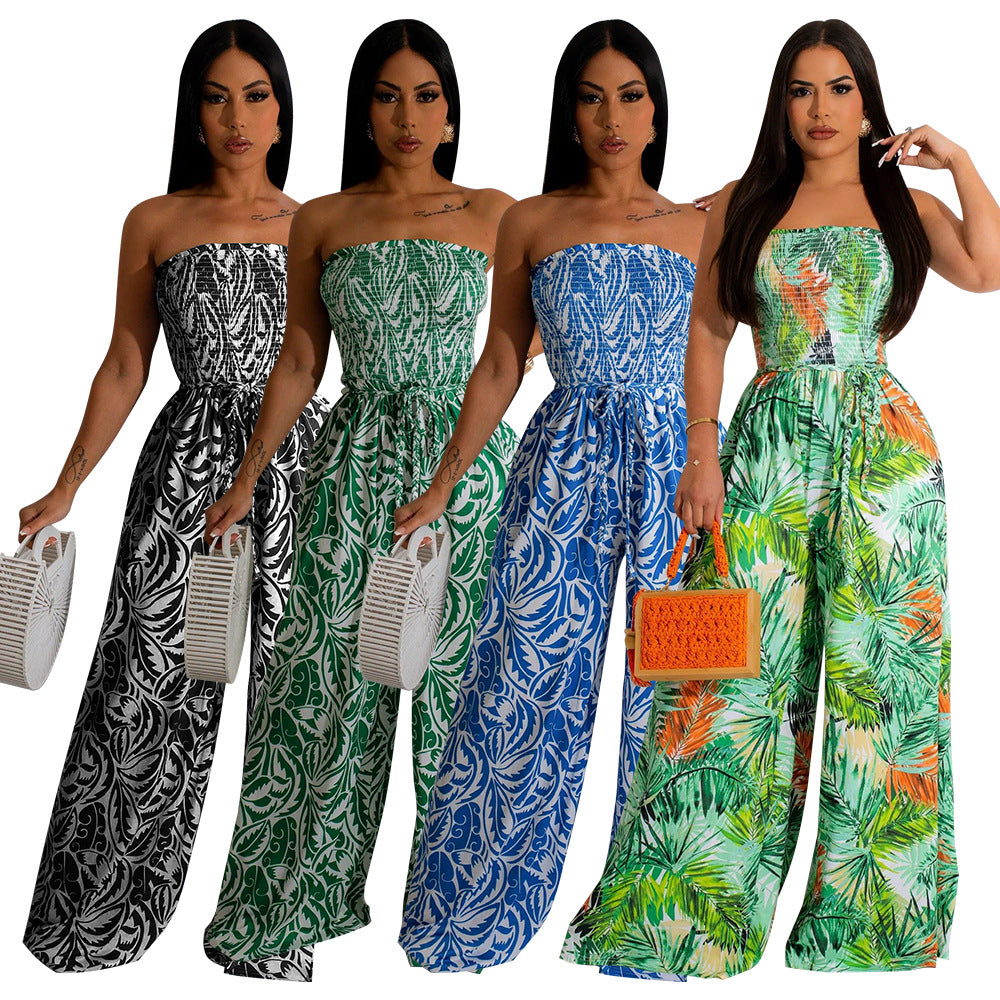 Dame luftig Strand-jumpsuit med legende grafisk plante-mønster Stilla