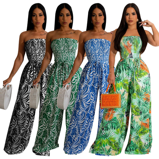 Dame luftig Strand-jumpsuit med legende grafisk plante-mønster Stilla