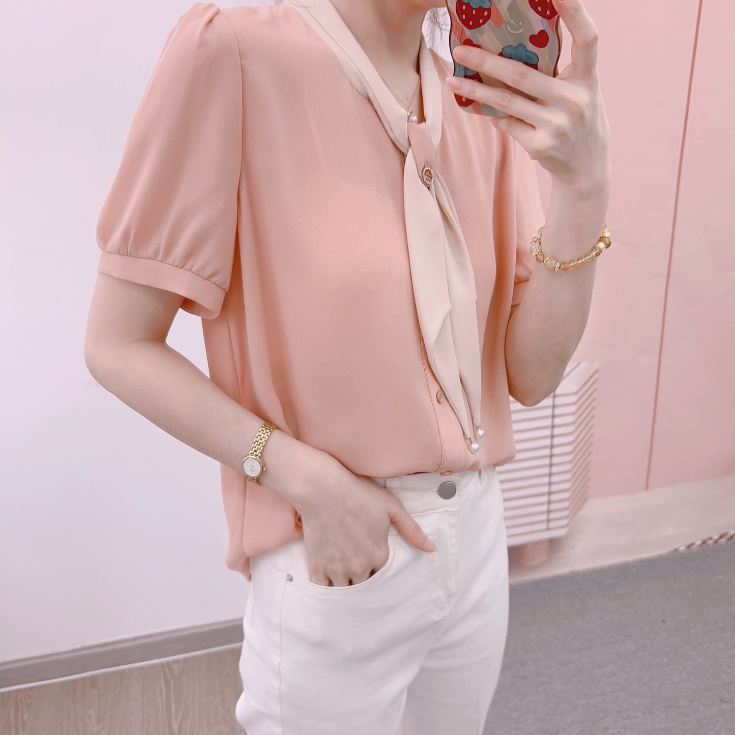 Dame Elegant Bluse med Sløjfe Krave og Perle Detaljer Stilla