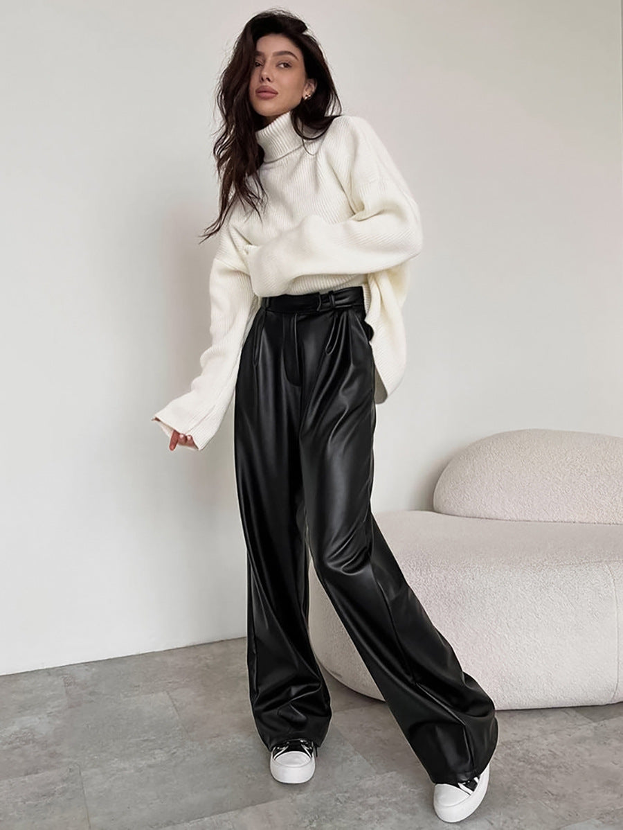 Dame Elegant Høj Talje Kunstlæderbukser med Bred Ben og Bælte Stilla