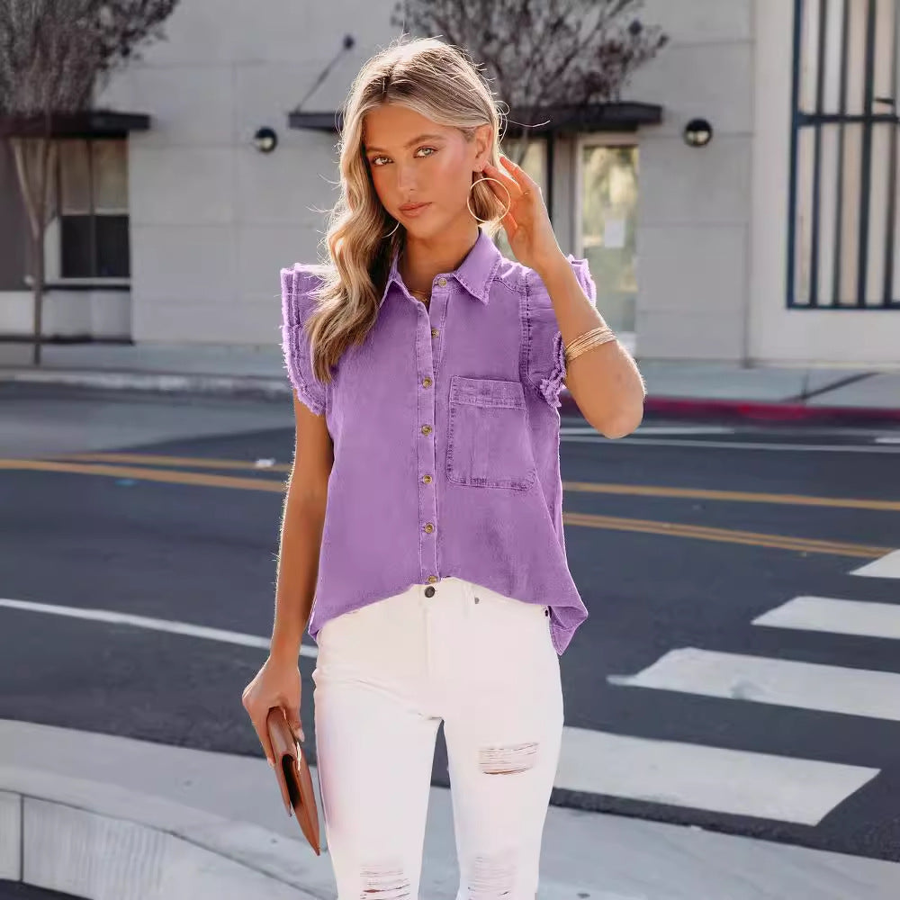 Dame denimbluse med trendy ruchererm og praktiske brystlommer Stilla