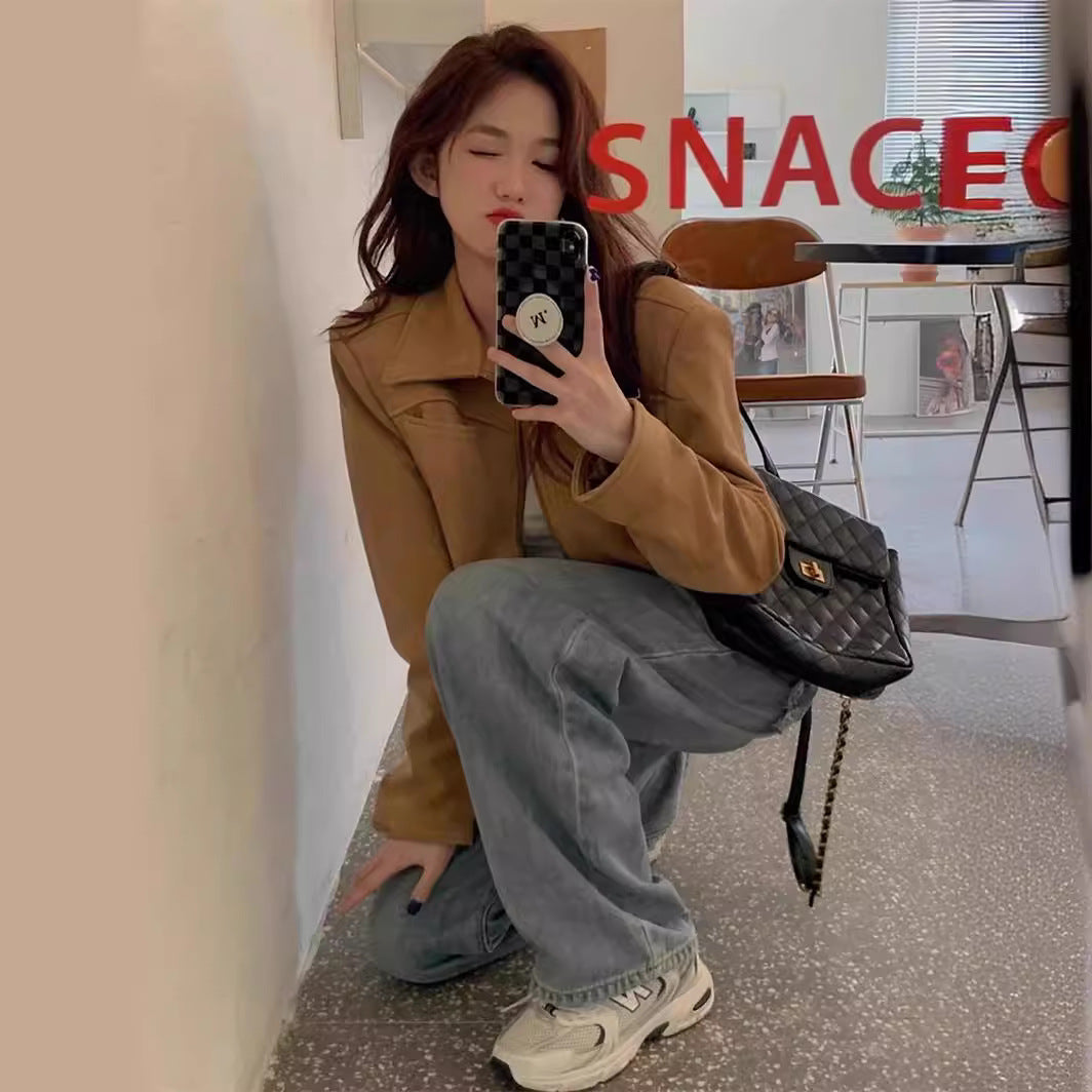 Dame Cropped Kunstlæderjakke med stilfuld flaplomme Stilla