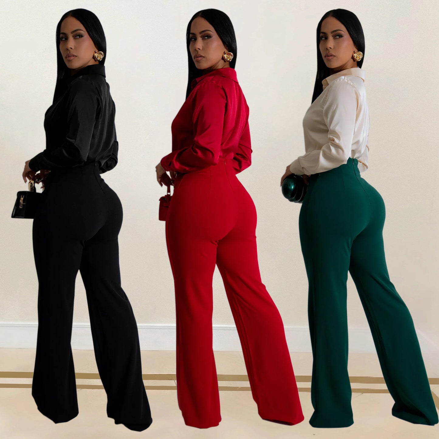 Dame Elegant bluse- og bukse-sæt med høj talje og glansfuldt finish Stilla