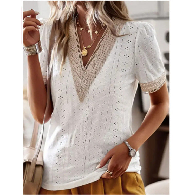 Dame Elegant Bluse med V-halsudskæring og Spidselement Stilla