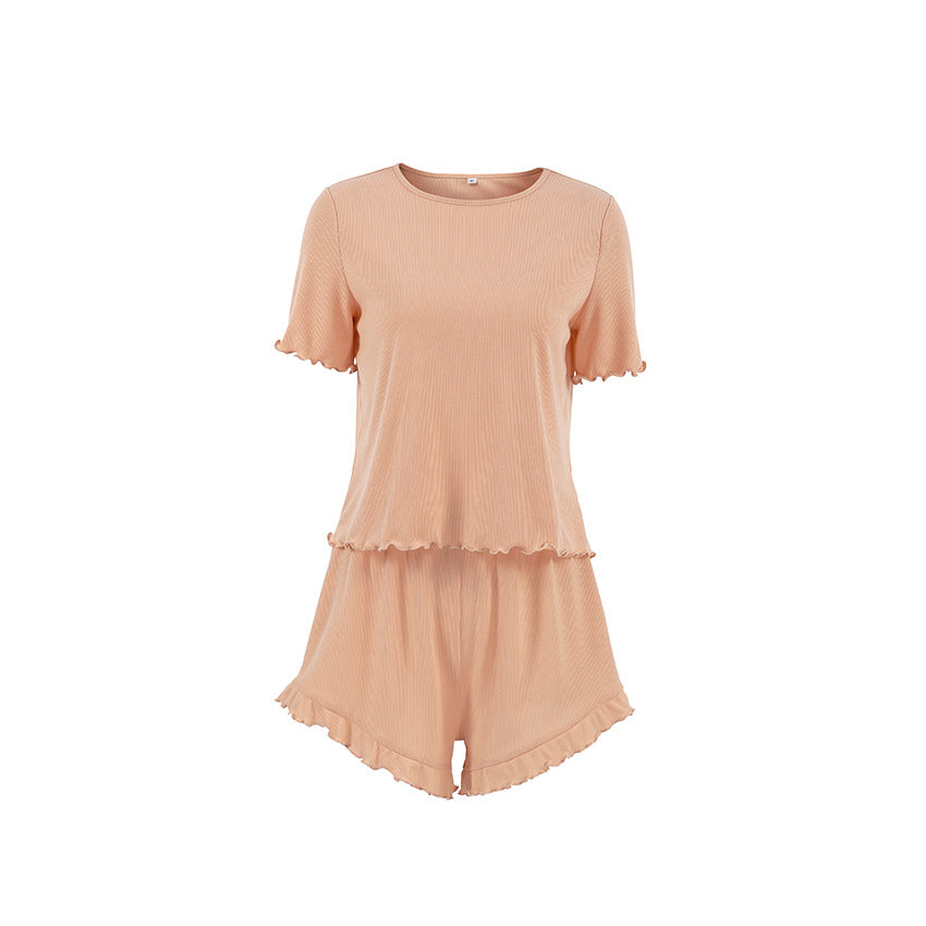 Dame afslappet lounge-sæt med flæsedetaljer og elastisk talje Stilla