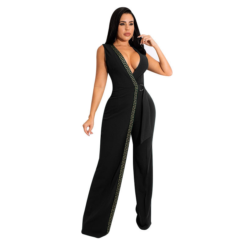 Dame Mode Jumpsuit med dyb V-udskæring og sidelæns bindebælte Stilla