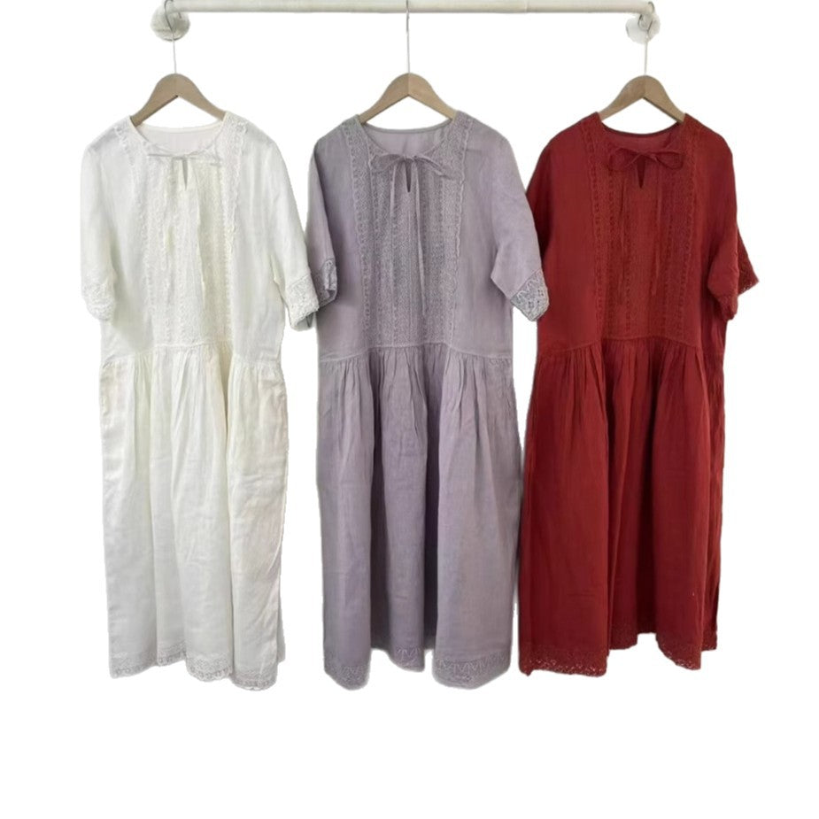 Dame Elegant Baumwolle Midi Kjole med Spids Detaljer Stilla