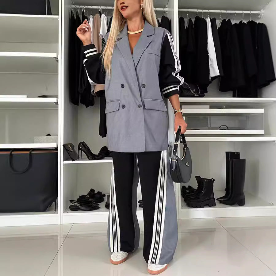 Dame Elegant Blazer- og Bukse-Sæt med sportslige Striber Stiila