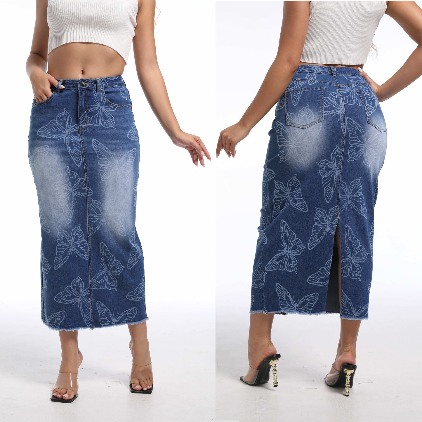 Dame Denim-Midiskirt med sommerfugledesign og slids Stilla