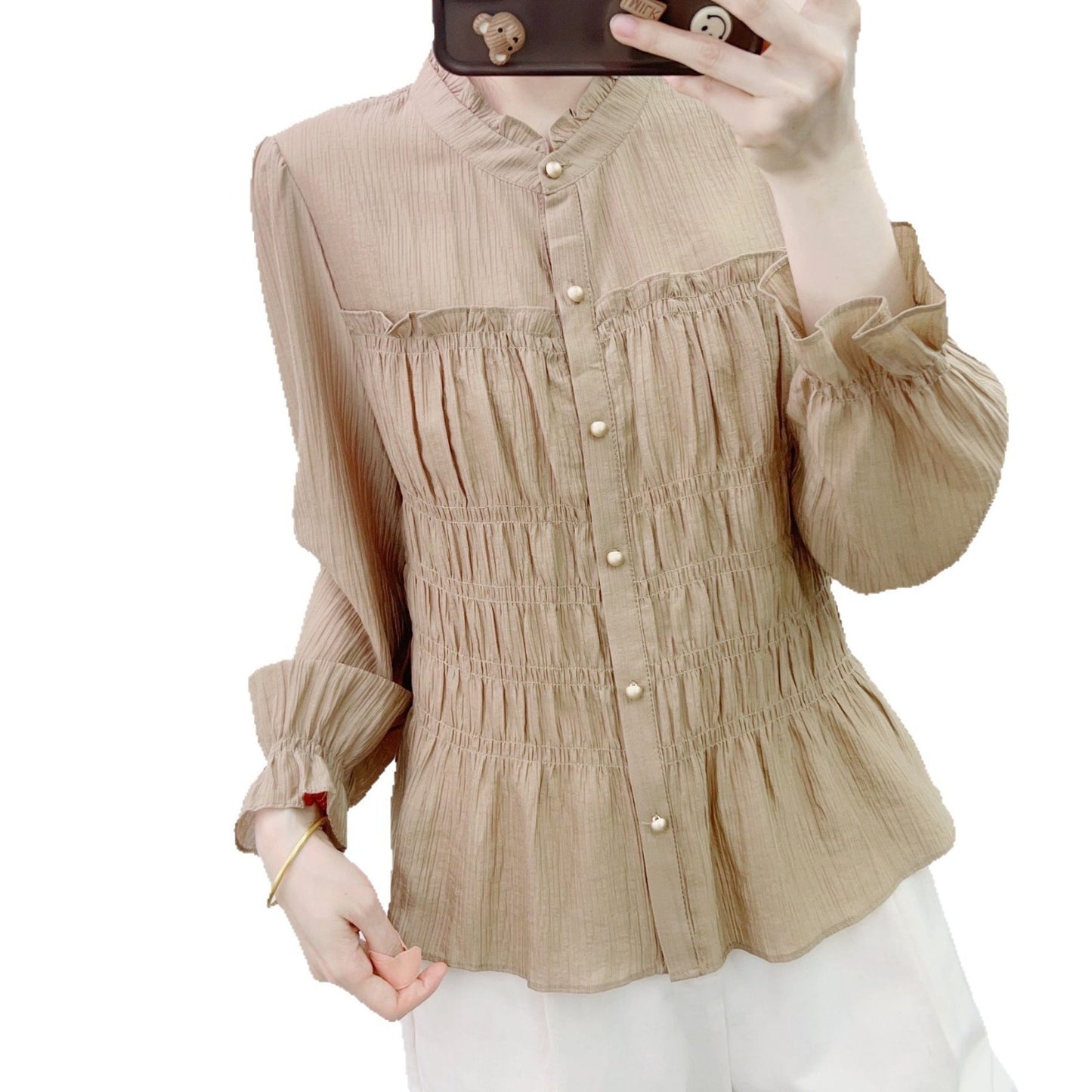 Dame elegant bluse med rynkedesign og knapdetaljer Stilla