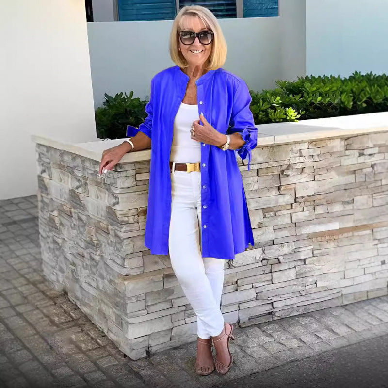 Dame afslappet lang jakke med opretstående krave og praktiske lommer Stilla