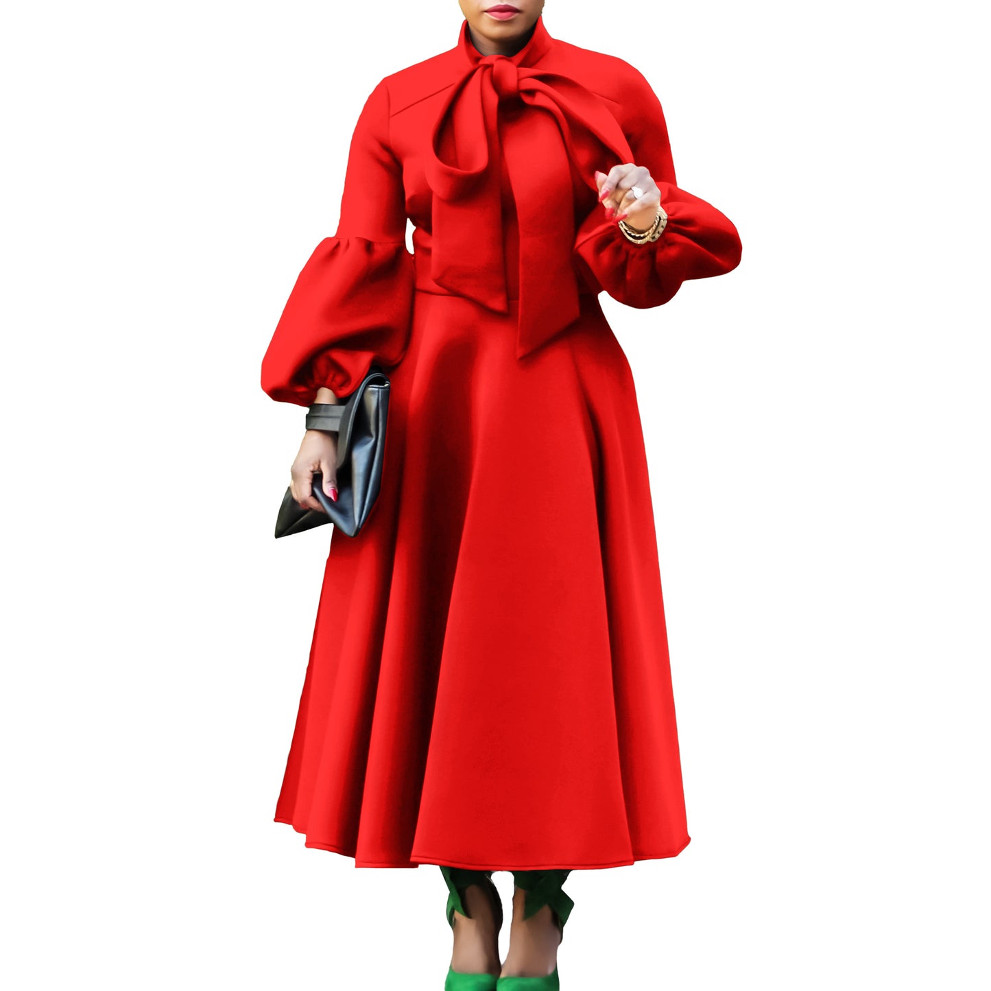 Dame A-linje kjole med generøs sløjfekrave og voluminøse ærmer Stilla