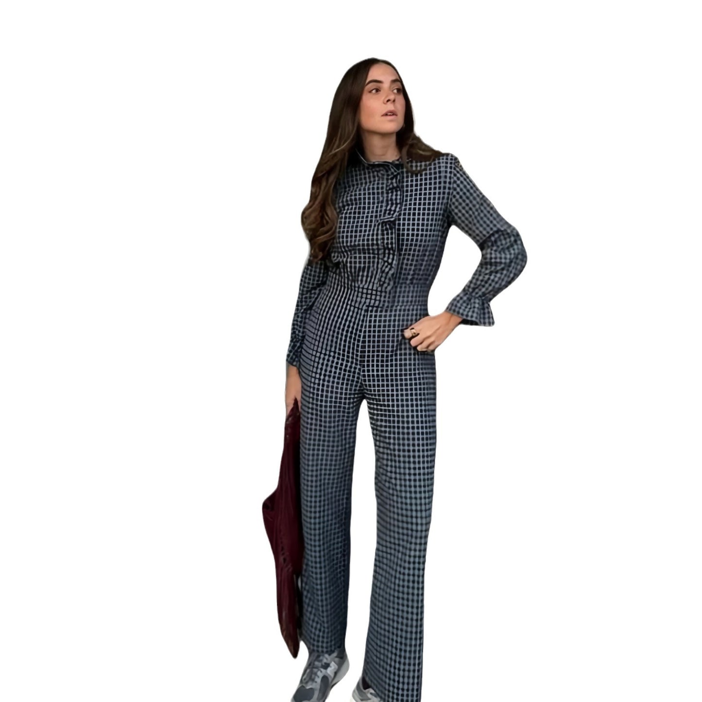 Damer Glamourøst Rutig Mønster Jumpsuit med Høj Krave og Knapfront Stilla