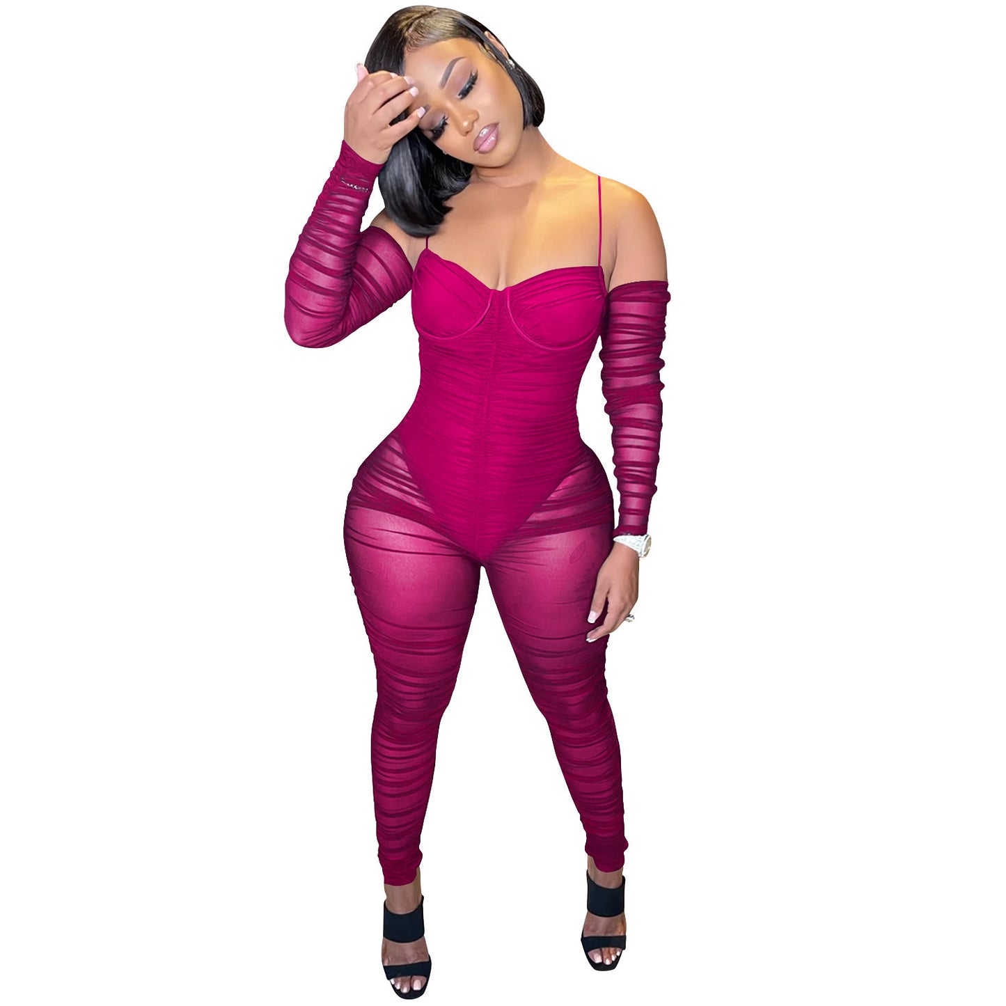 Dame elegant tætsiddende jumpsuit med gennemsigtige detaljer og lange ærmer Stilla