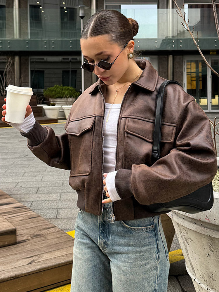 Dame cropped kunstlæderjakke med lommer Stilla