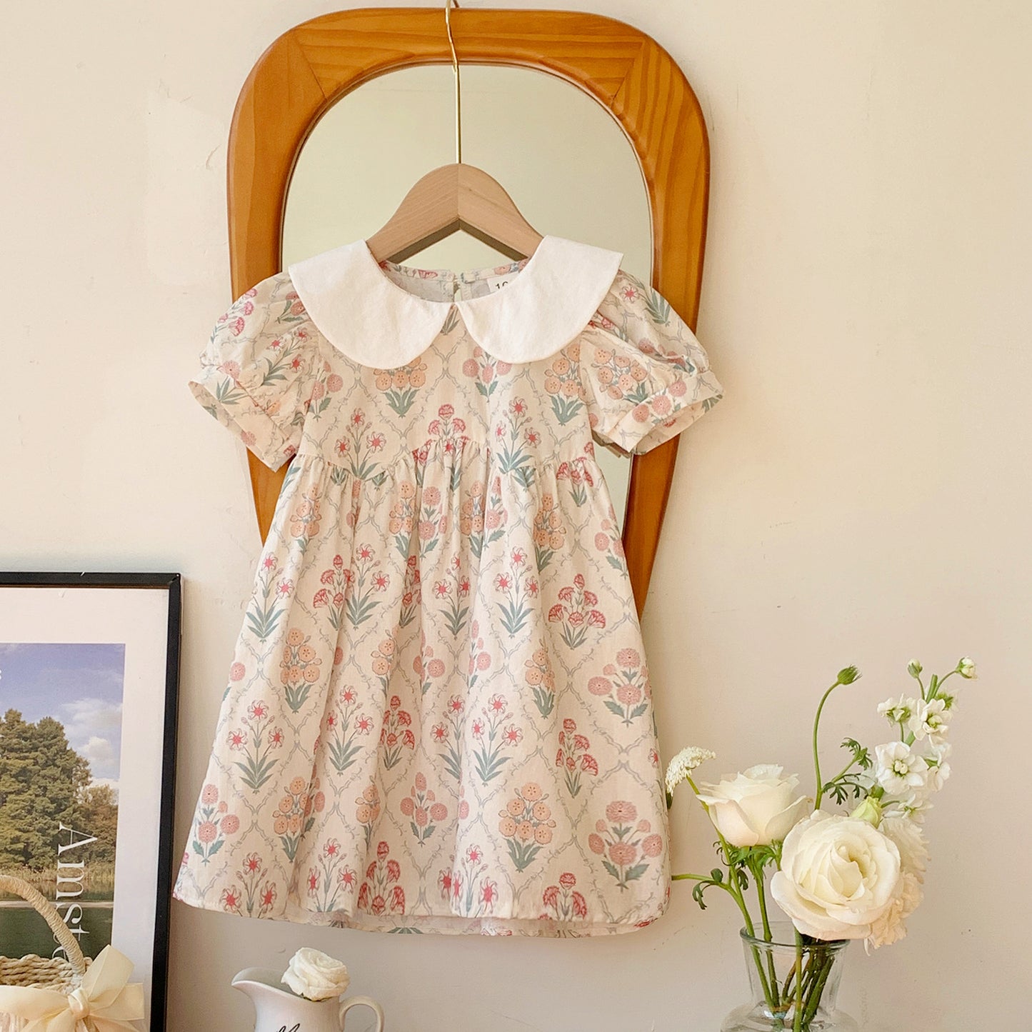 Pige Floral Print Kortærmet Kjole med Peter Pan Krave Stilla