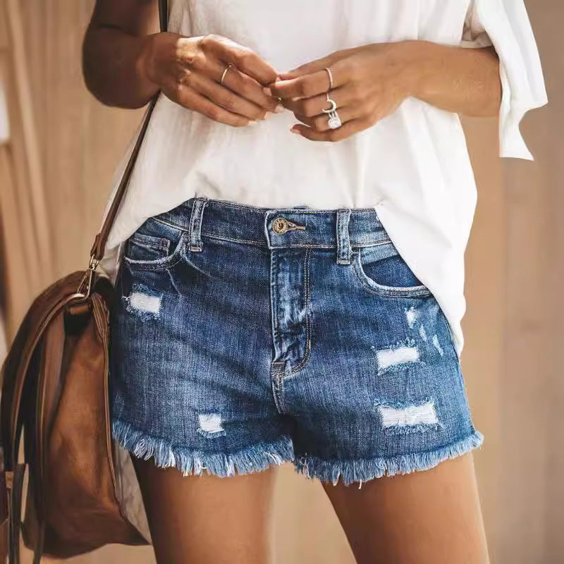 Dame Destroyed Denim-Shorts i afslappet stil med frynset kant Stilla