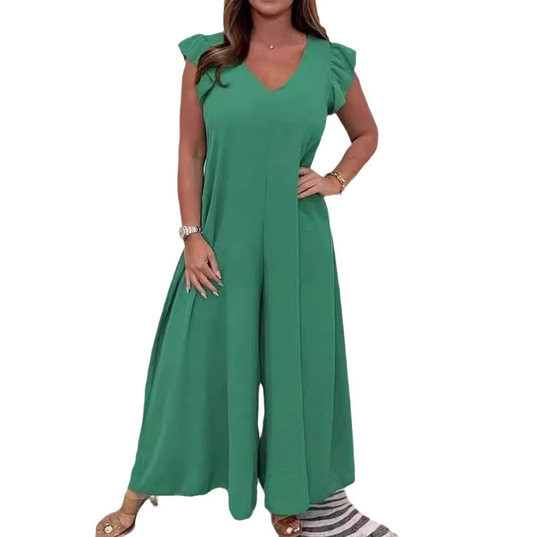 Dame jumpsuit med voluminøse ben og elegant V-udskæring Stilla