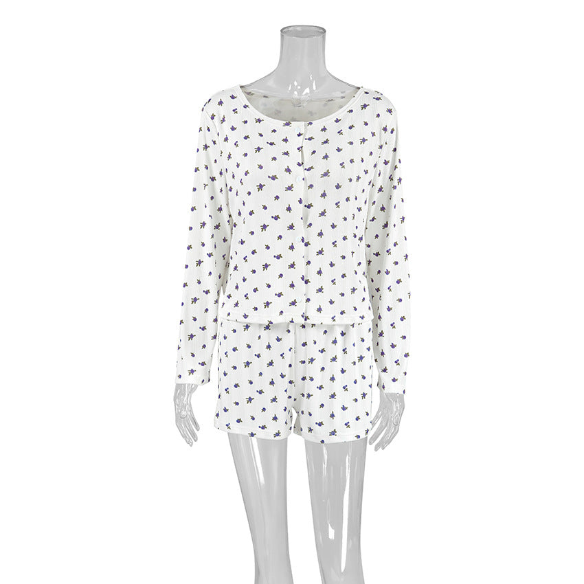 Dame afslappet pyjamas-sæt med blomsterprint og åndbart materiale Stilla