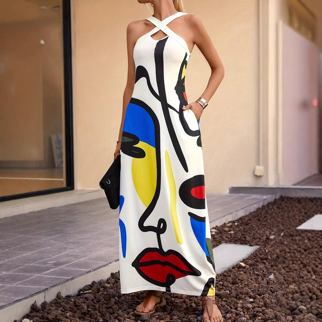 Dame Cross-Back Abstrakt Kunst Maxi Kjole Stilla