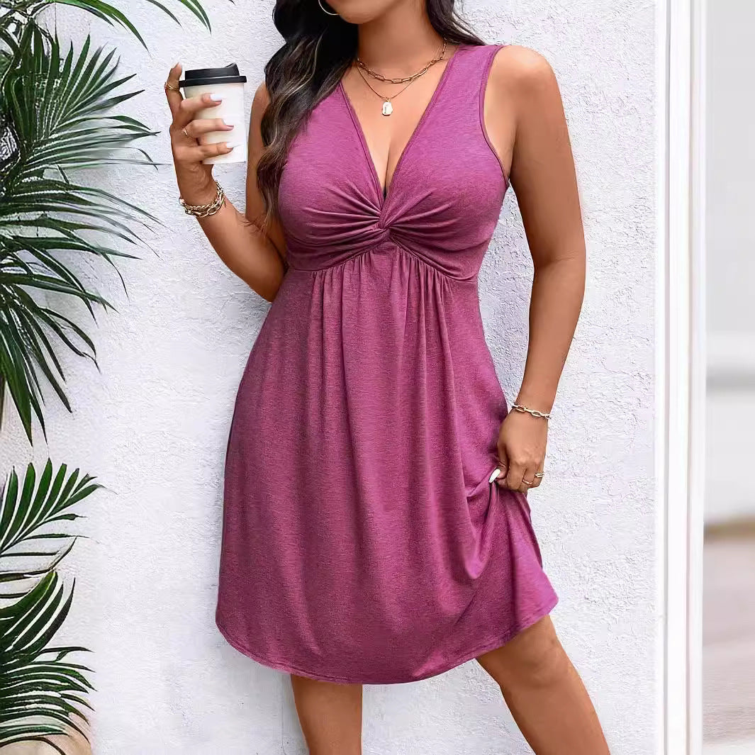 Dame afslappet sommerkjole med dyb V-udskæring og knyttet detalje Stilla