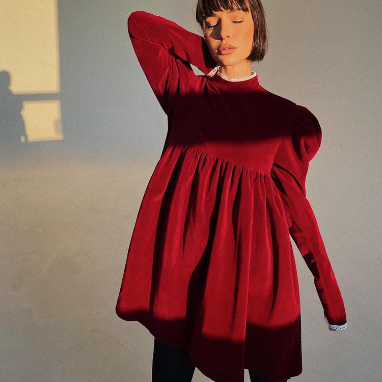 Dame A-linje Kjole med høj krave og flæsedetaljer Stilla