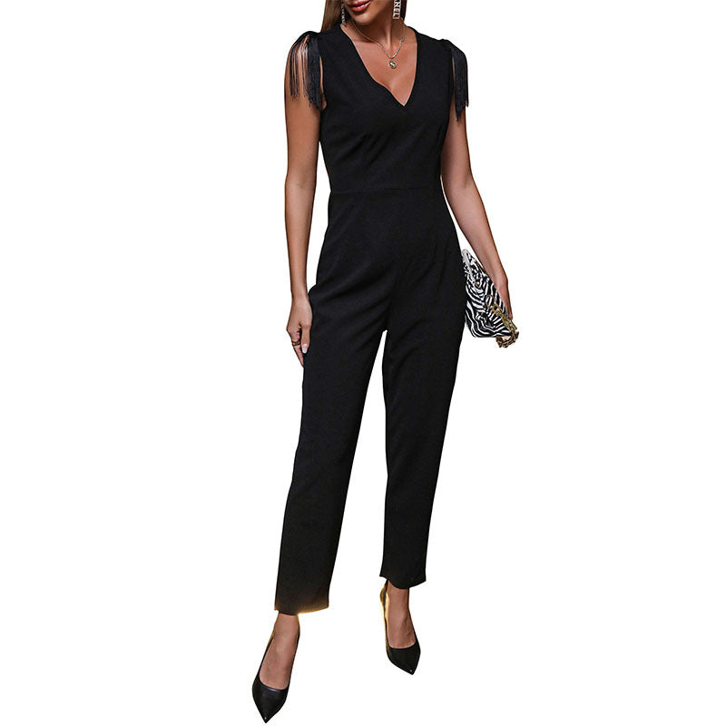 Dame elegant V-hals jumpsuit med frynse-detalje Stilla
