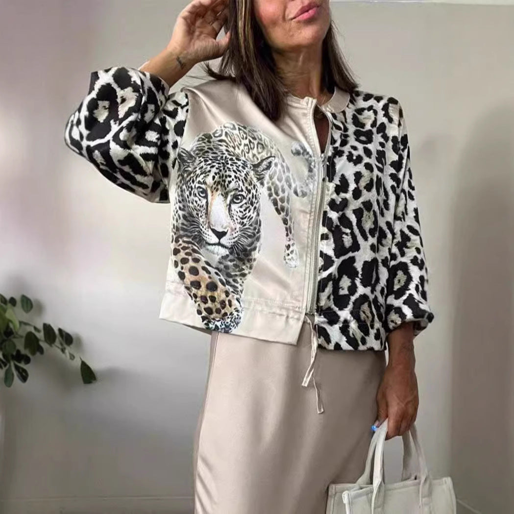 Dame afslappet bomberjakke med ekstravagant leopardmotiv Stilla