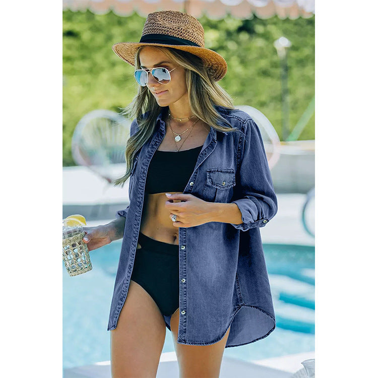 Dame denim skjorte med funktionelle lommer og afslappet snit Stilla