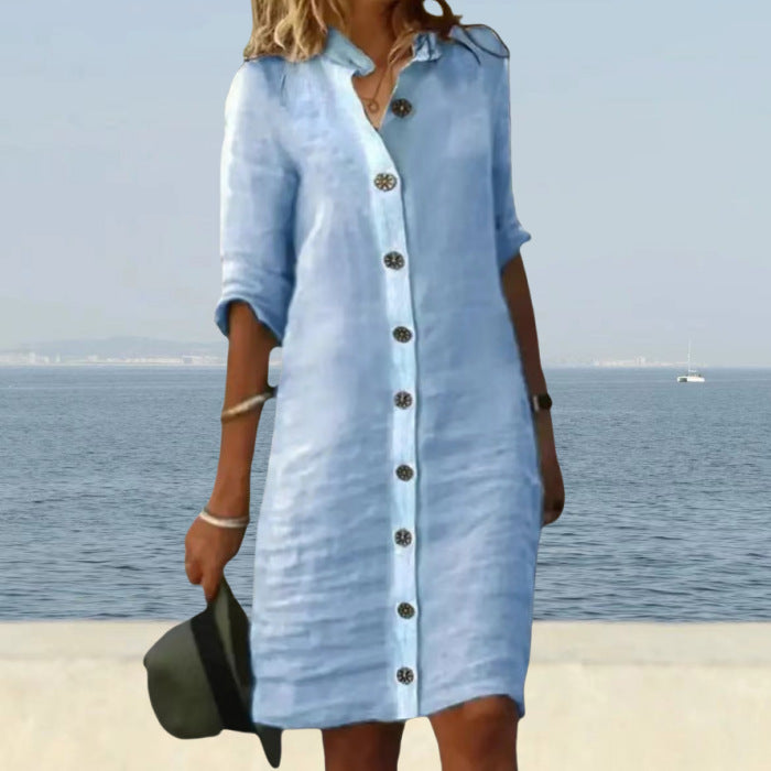 Dame afslappet linnedragt med knaplukning og praktiske lommer Stilla