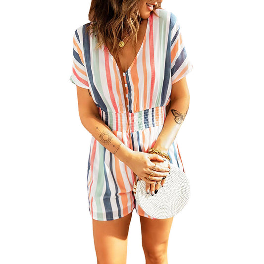 Dame casual kort jumpsuit med striped design og knapdetaljer Stilla