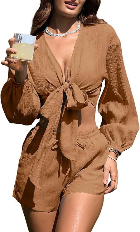 Dame Dæmpet Strandoverdel med voluminøse ærmer og flot bindebælte Stilla