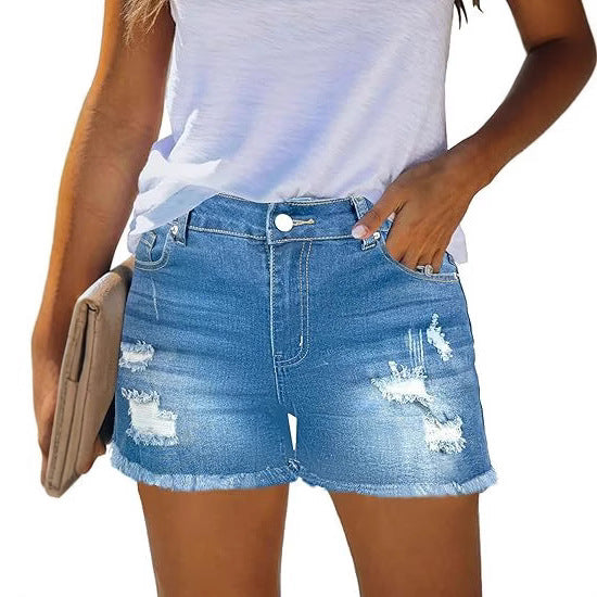 Dame Distressed Denim-Shorts med frynset kant og afslappet look Stilla